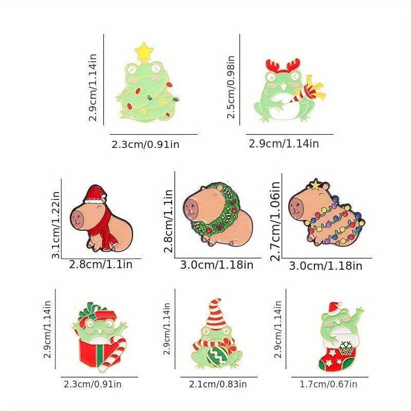 8-Piece Christmas Frog and Capybara Enamel Pin Set for Bags and Decor
