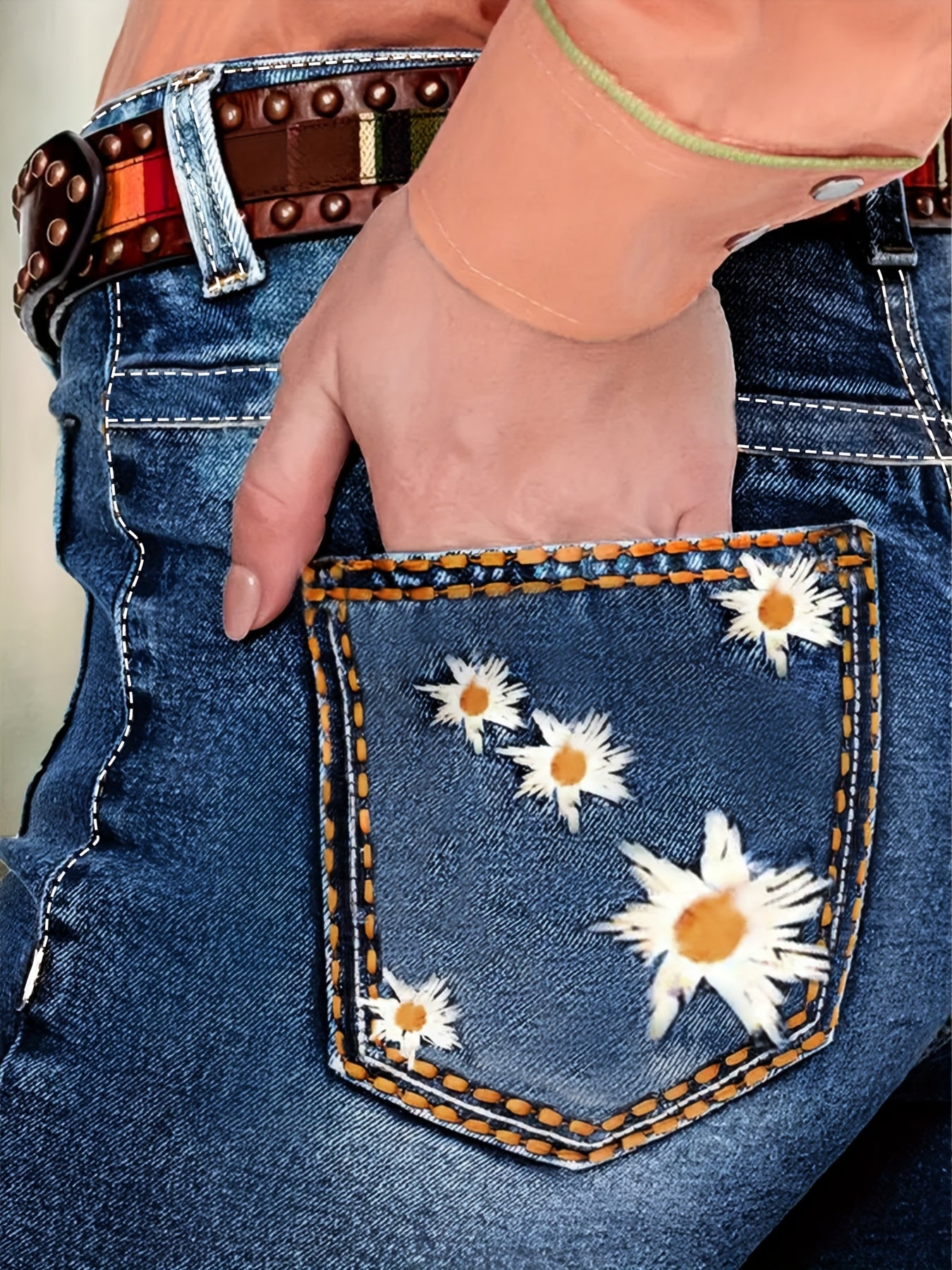 Plus Size Women's High-Waisted Flared Jeans Blue Floral Embroidered