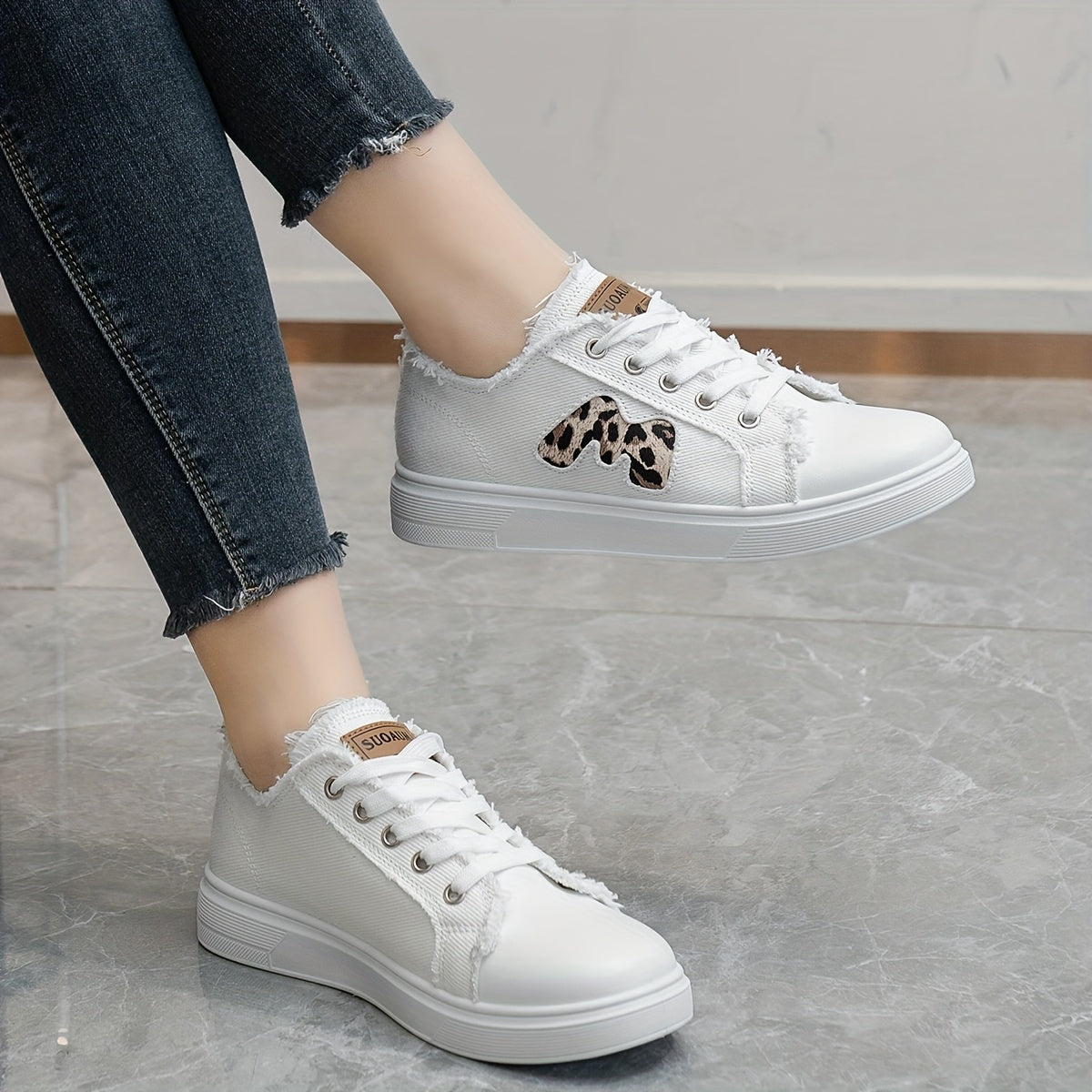 Women's Faux Denim Sneakers with Leopard Print, Breathable Fabric, All-Season Comfort