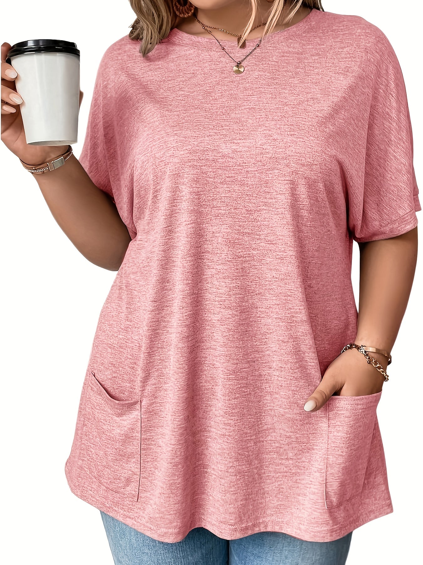 Plus Size Women's Batwing Sleeve T-Shirt with Pockets Black Summer Top