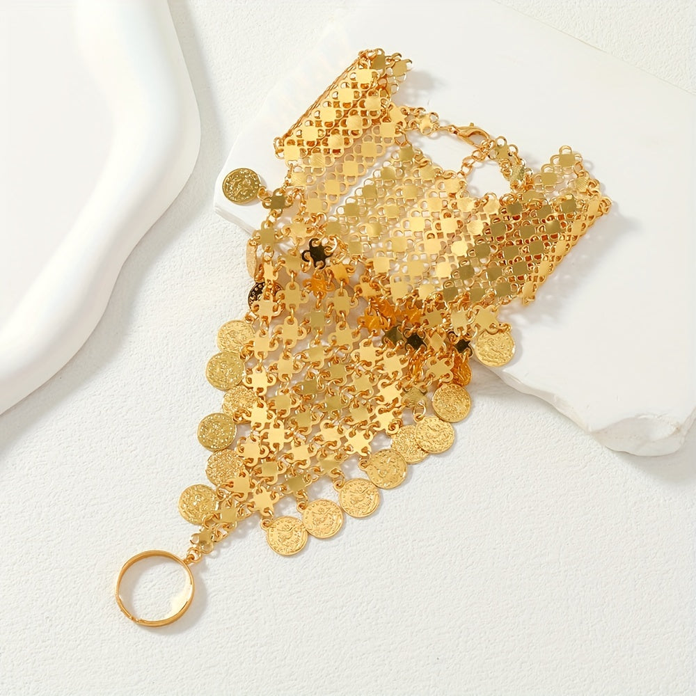 Gold Plated Boho Hand Chain Bracelet with Coin Tassel for Belly Dancing and Bollywood Style
