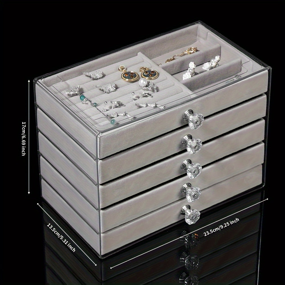 Caja de joyería de cinco capas con cajones para anillos, pendientes, pulseras y relojes. Almacenamiento de plástico con interior de tela