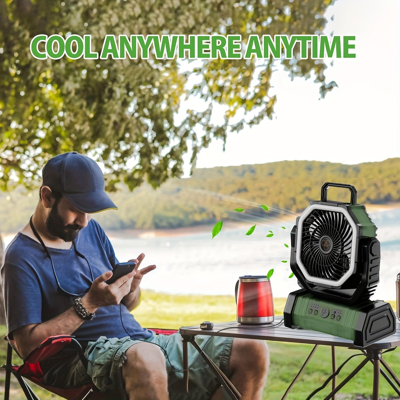 Cordless USB Fan with LED Lantern Green Rechargeable Lithium Battery Adjustable Oscillation Portable for Camping Bedroom Office