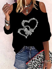 Women's Off-Shoulder Blouse with Heart Bow and Rhinestones Polyester V-Neck Elegant Top