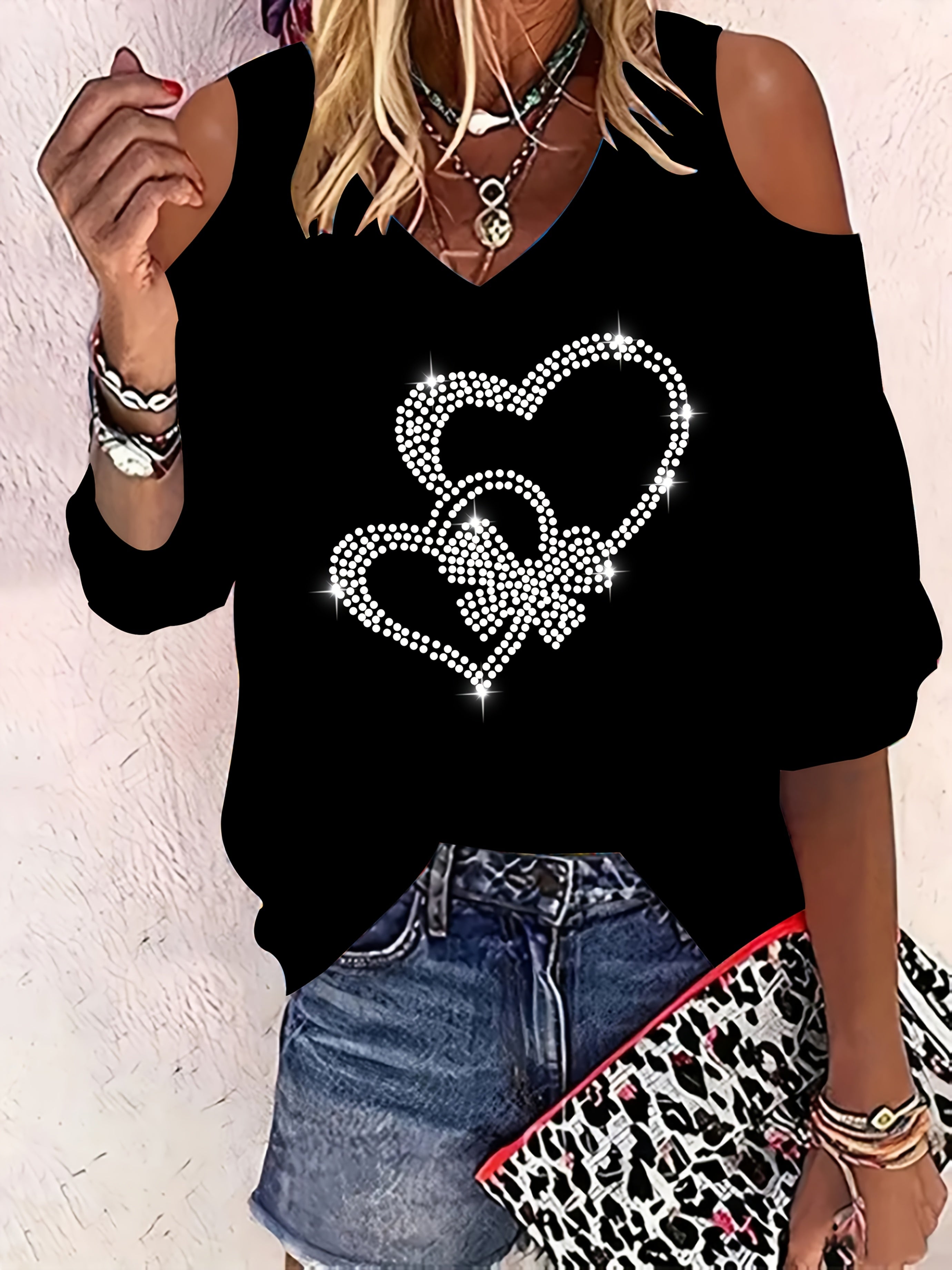 Women's Off-Shoulder Blouse with Heart Bow and Rhinestones Polyester V-Neck Elegant Top