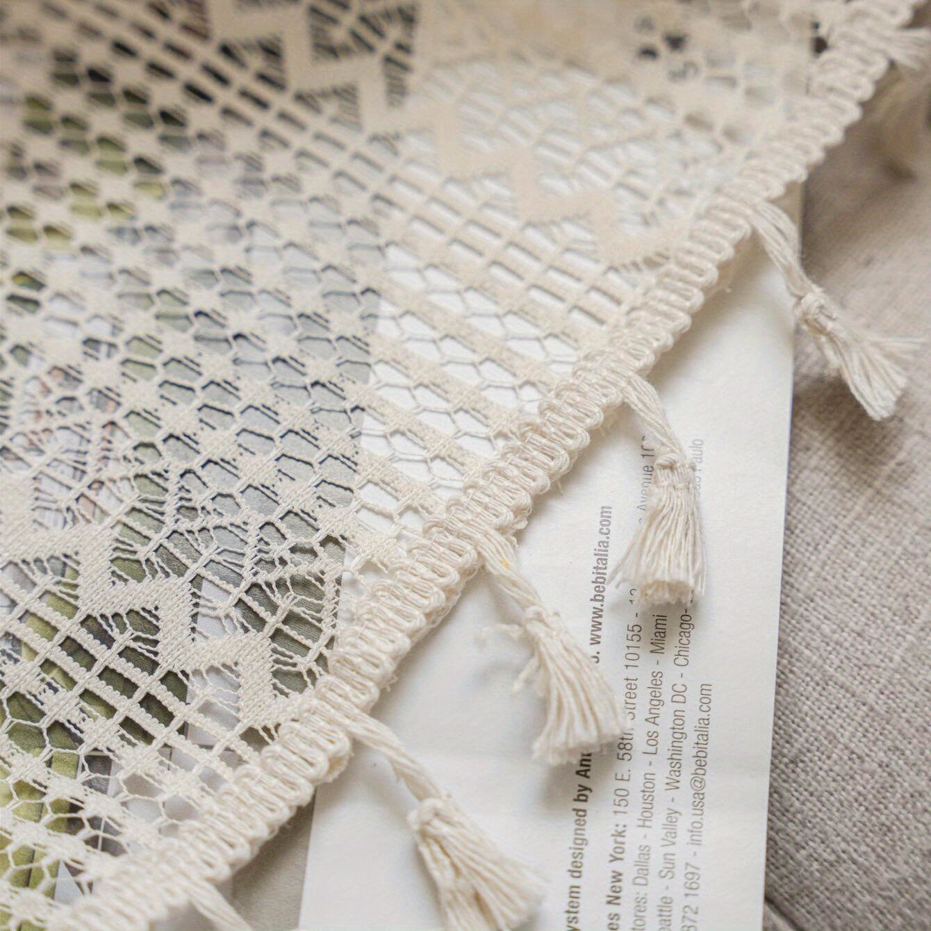 Beige Crochet Fringe Curtain UV Protection Rod Pocket for Living Room Bedroom