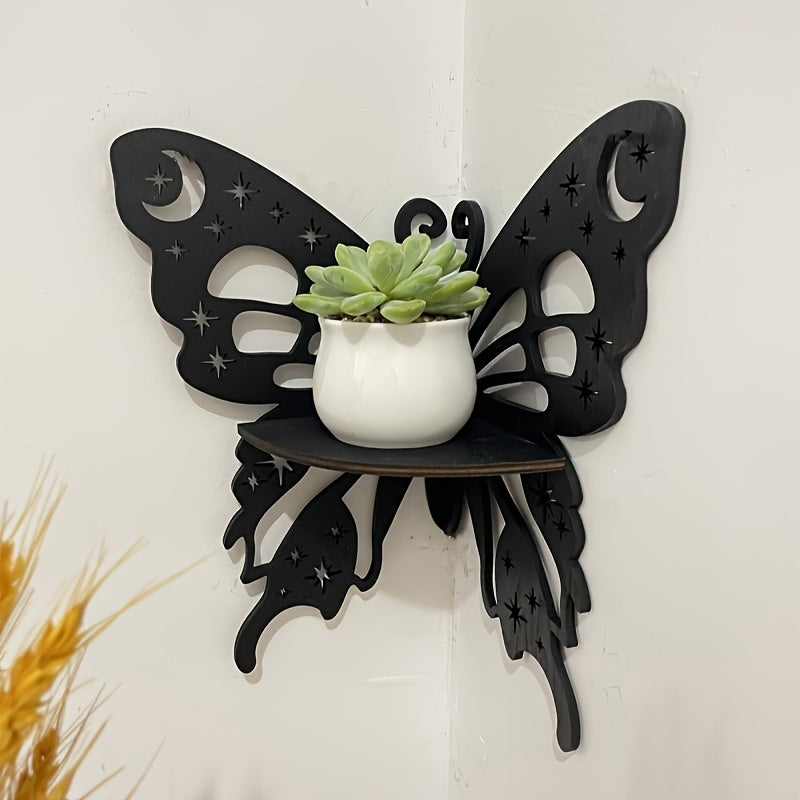 Black Wooden Wall Shelf in Lotus and Butterfly Shape for Candle Display