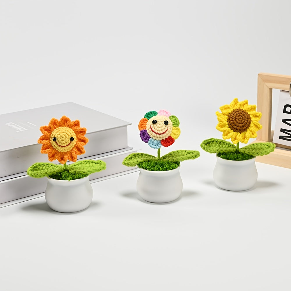Crochet Sunflower Bonsai Decor with Smiling Face for Home Office Gift