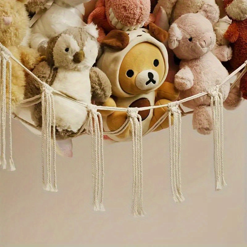 Boho Chic Plush Hammock Hanging Net for Stuffed Animals Storage Bedroom Decor