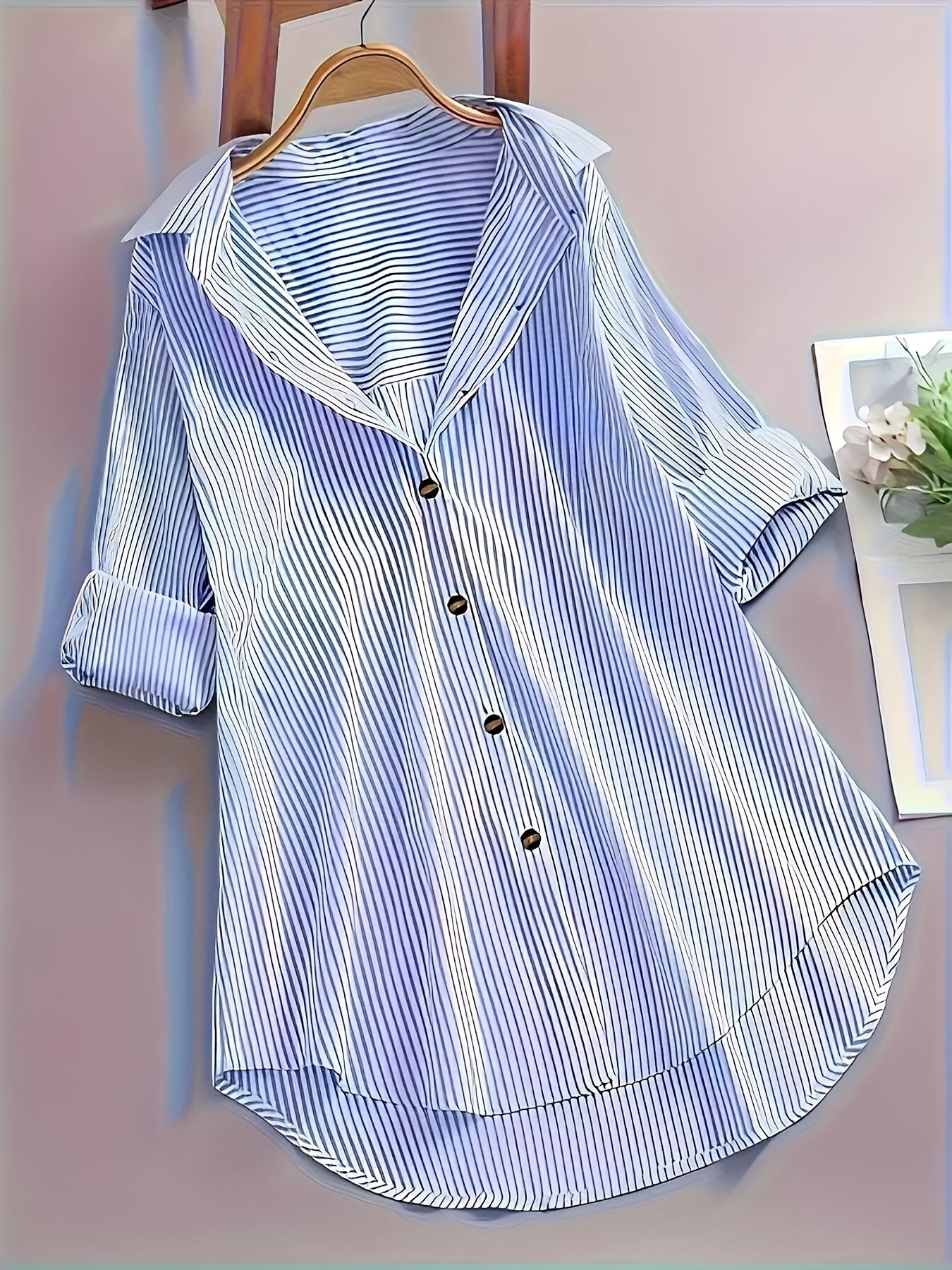 Camisa de manga larga a rayas para mujer de tallas grandes con botones azul y blanco