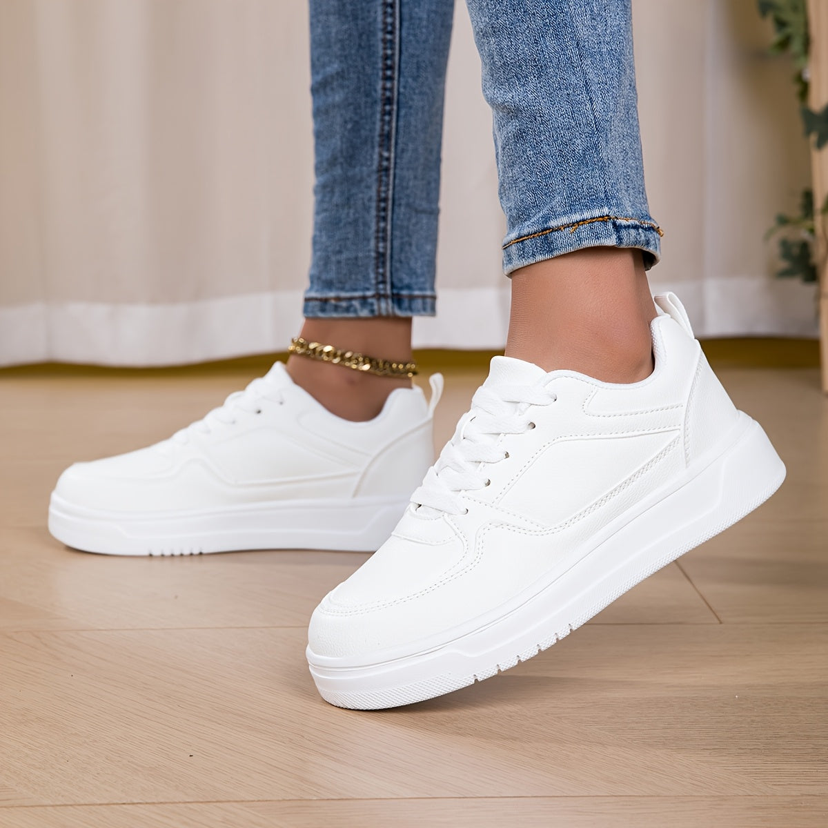 Women's White Low-Top Casual Sneakers Synthetic Fabric Cushioned Sole