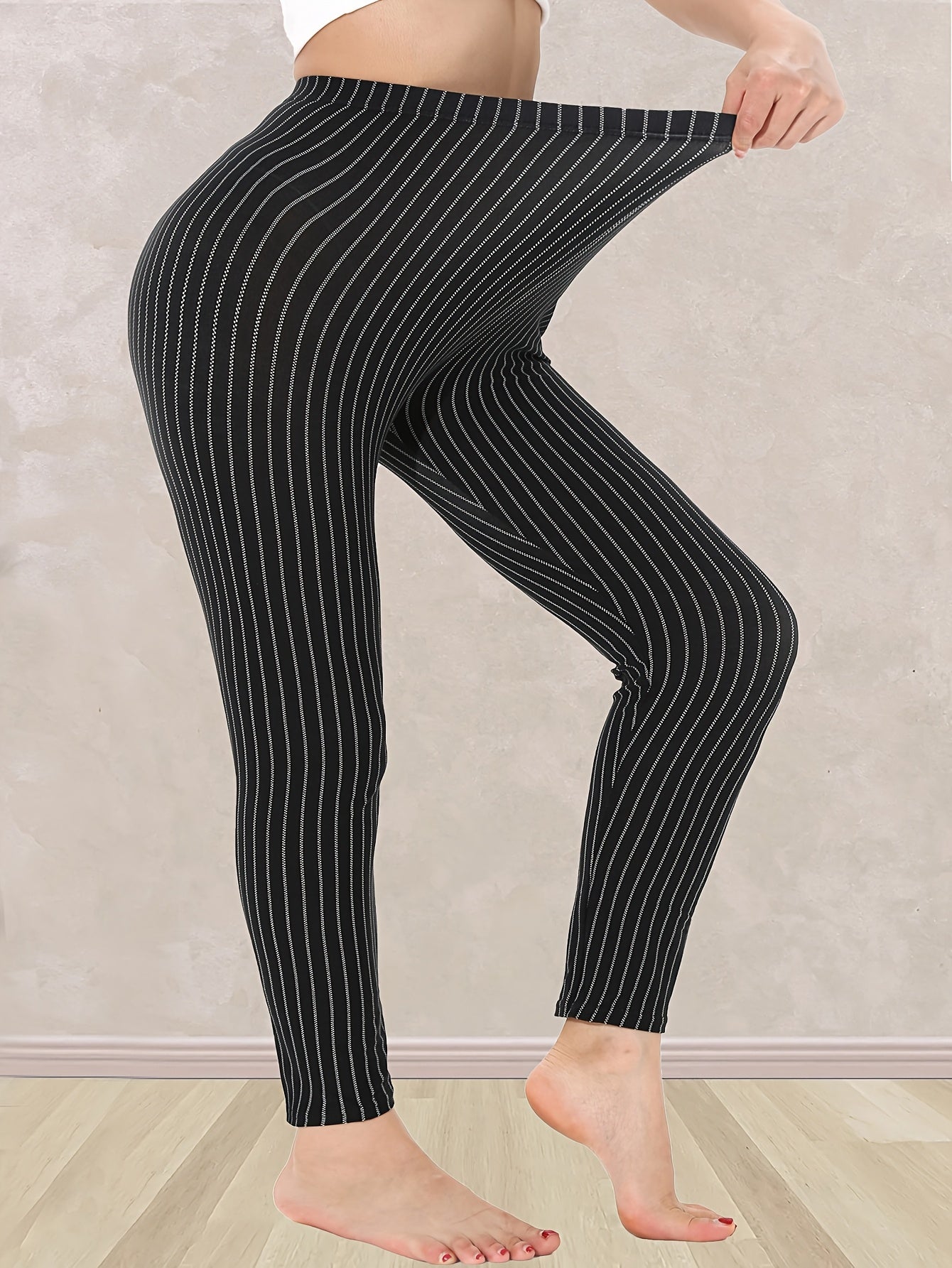 Women's Plus Size Striped Skinny Leggings High Waist Breathable Stretch