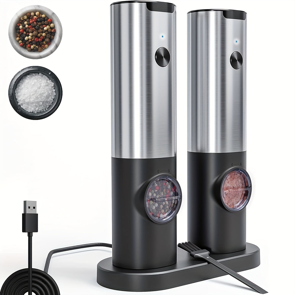 Set of 2 Stainless Steel Electric Salt and Pepper Grinders with Rechargeable Base