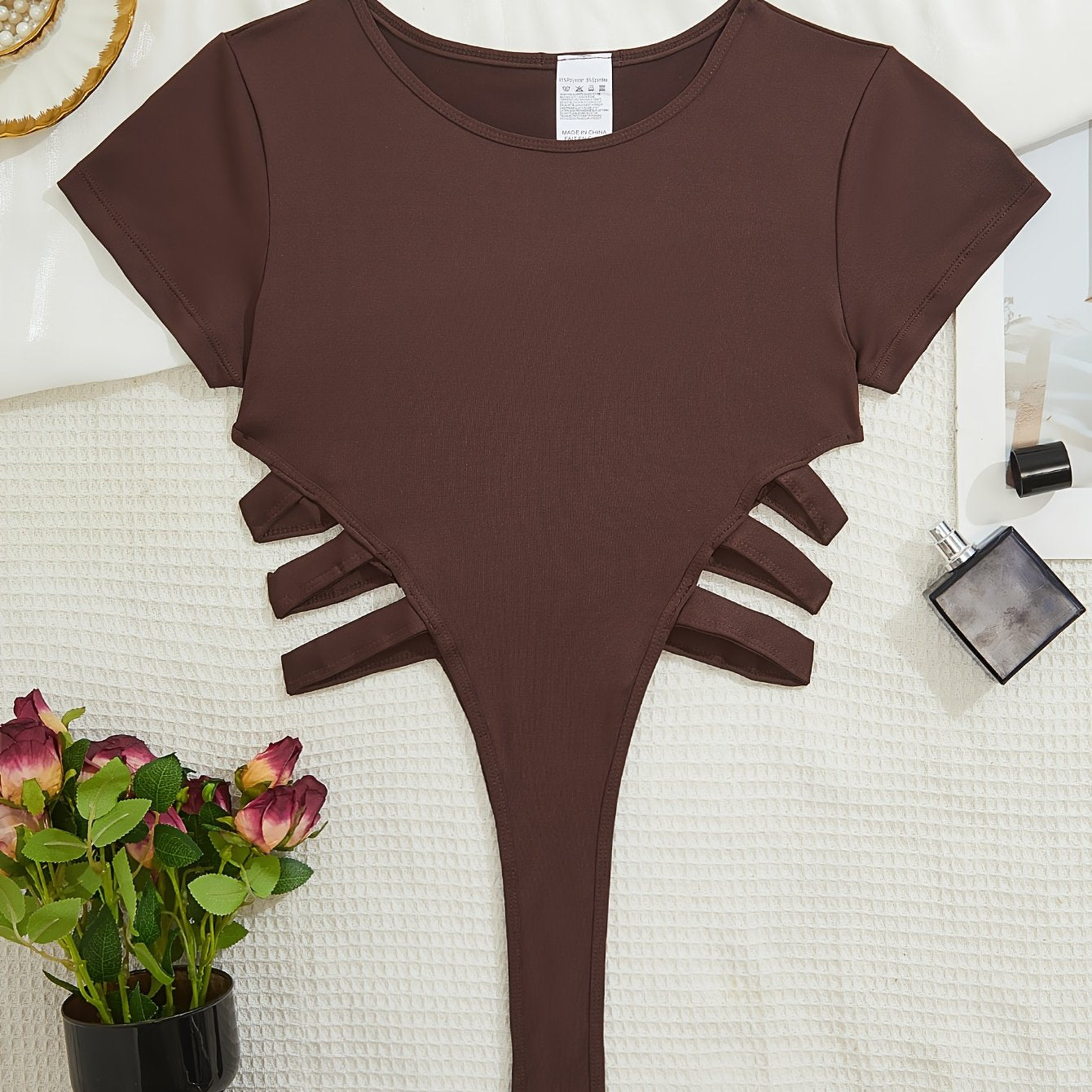 Women's Semi-Sheer Lace Lingerie with Short Sleeves and Side Straps