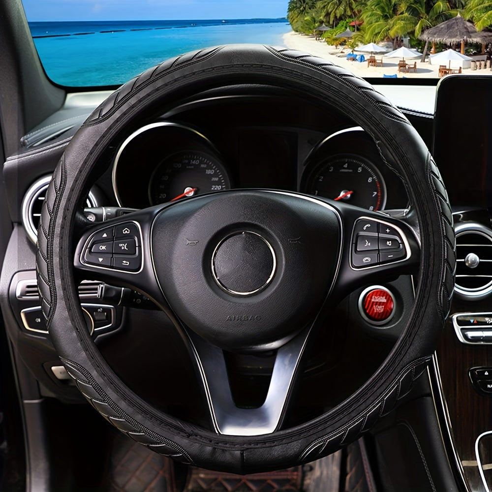 Car Steering Wheel Cover Leather Embossed Soft Fit 37-38CM Diameter