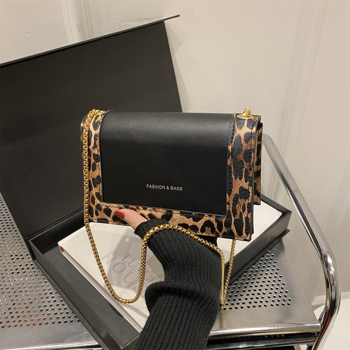 Leopard Print Crossbody Bag for Women Faux Leather with Chain Strap Large Capacity