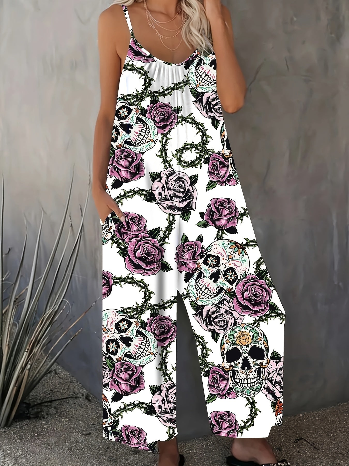 Plus Size Floral Skull Print Slip Jumpsuit Casual Sleeveless Pocket Dress