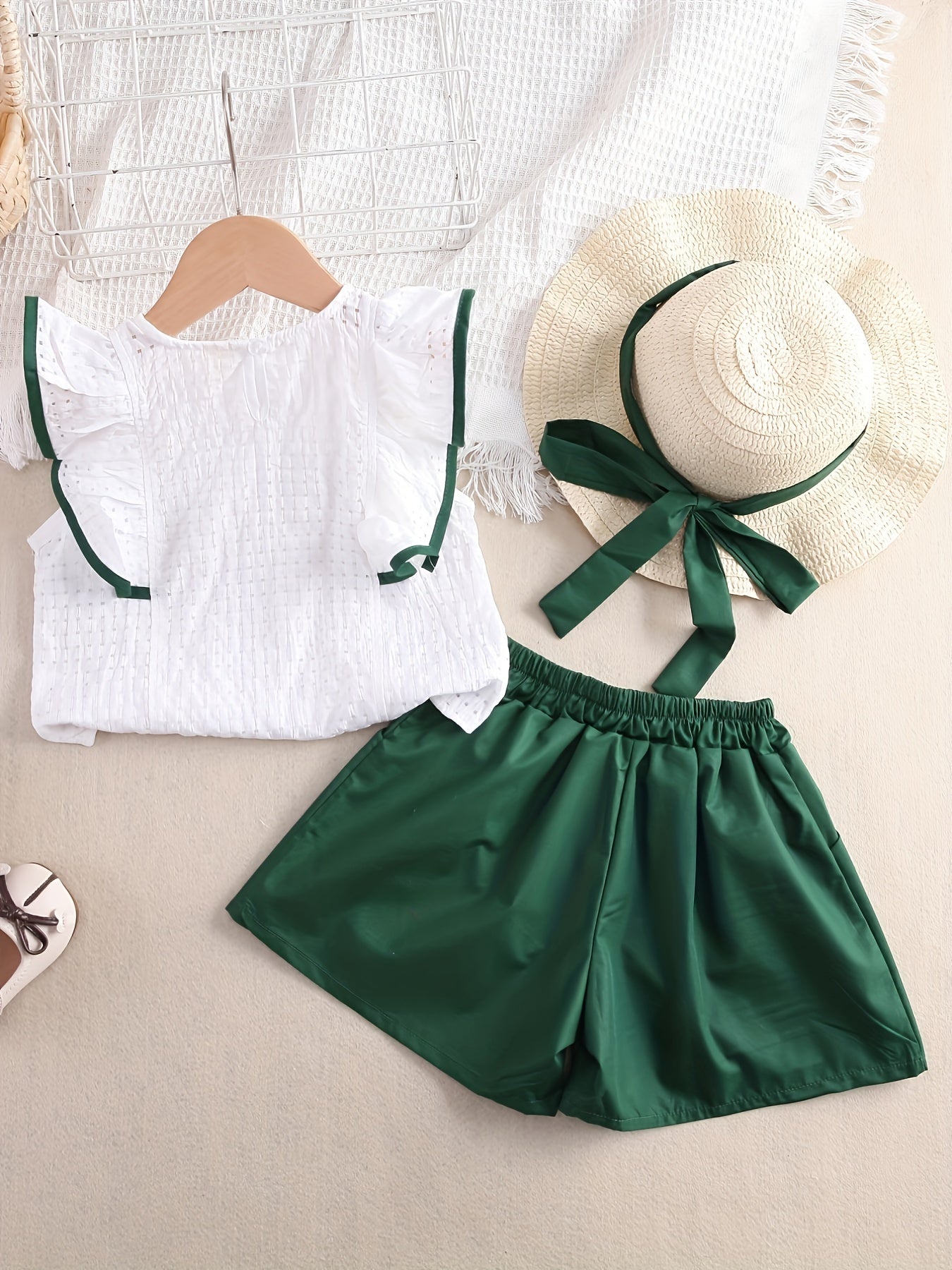 Girls' 2-Piece Cotton Outfit with Flounce Sleeve Top and Solid Shorts for Summer