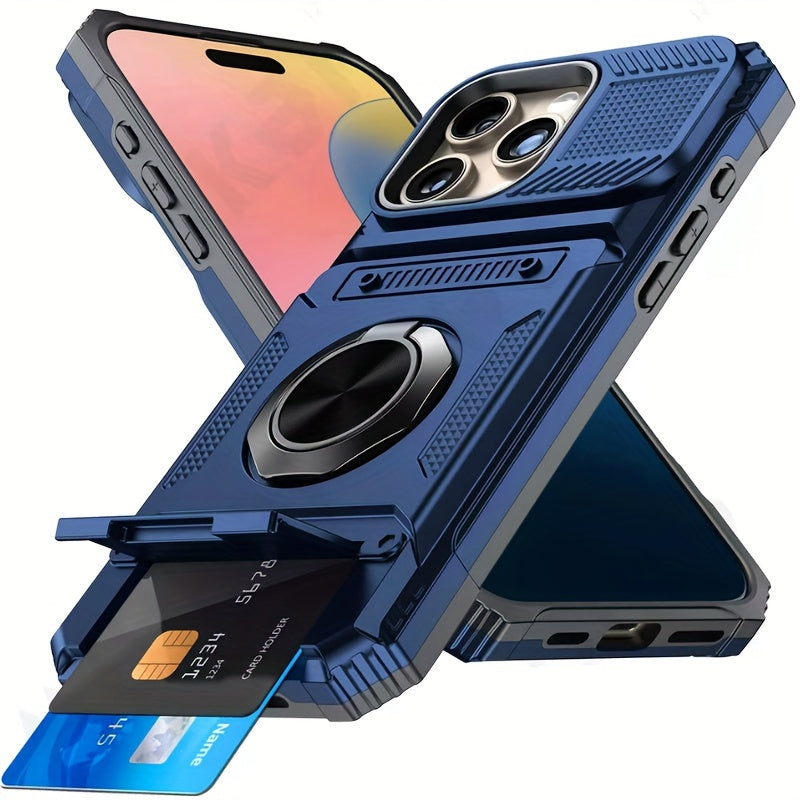 Heavy Duty Phone Case with Metal Stand and Card Slot for iPhone 16 Pro Max 15 Pro Max 14 Pro Max