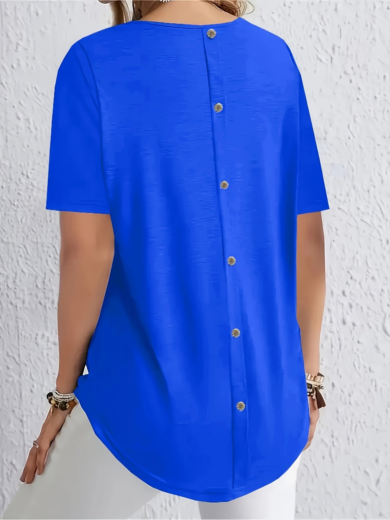 Women's Solid Color Crew Neck T-Shirt with Back Button Plus Size Polyester Spandex