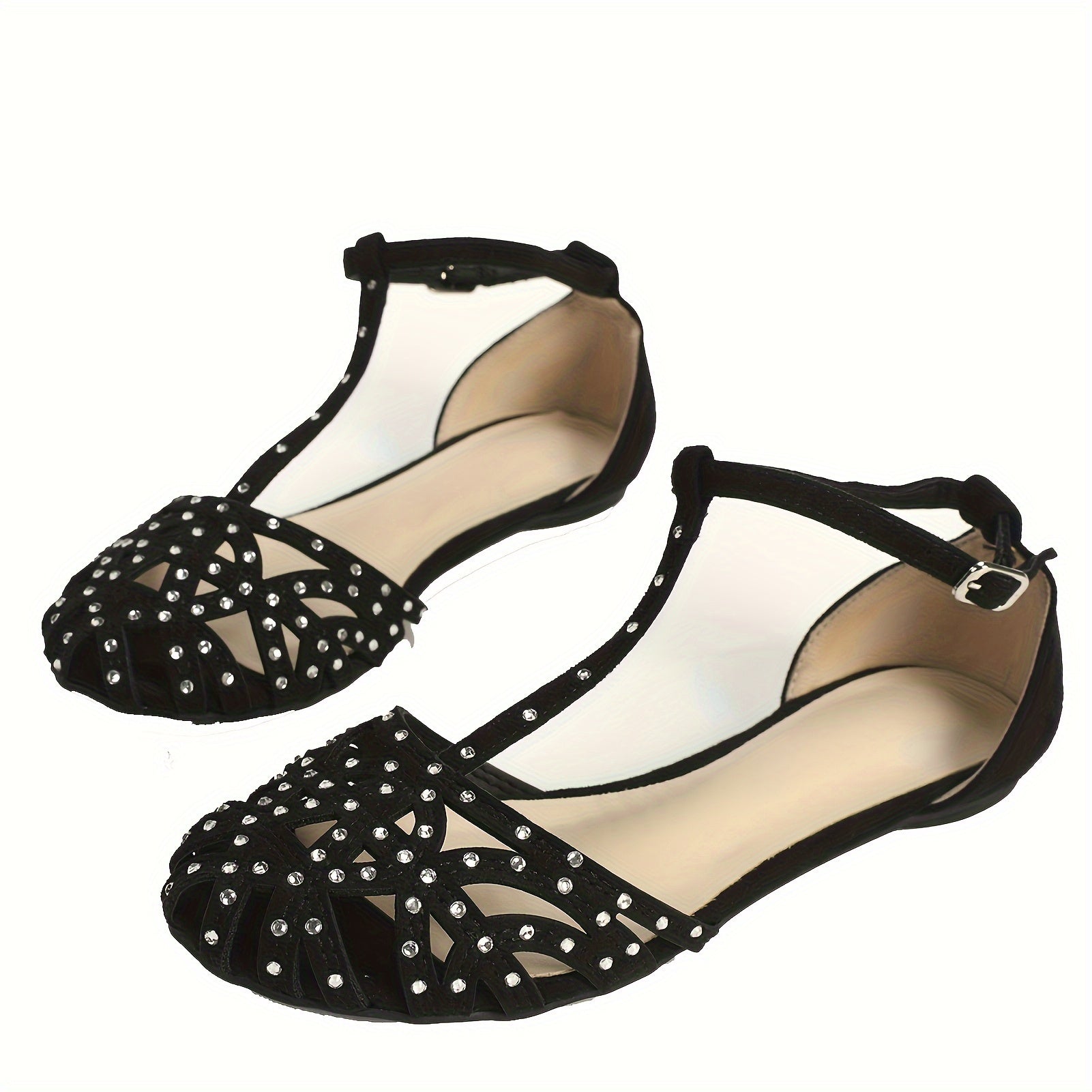 Women's Rhinestone Decor Flat Sandals Closed Toe T-Strap Ankle Strap