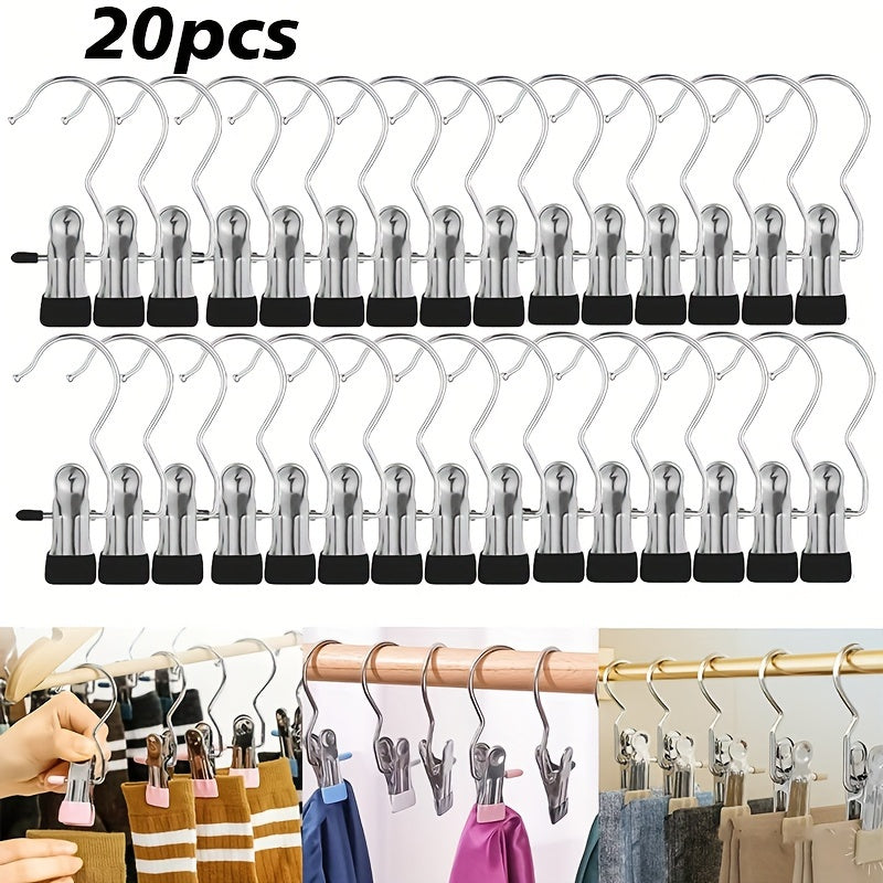 Set of 20 Stainless Steel Multi-Use Clips with Hooks for Laundry and Storage