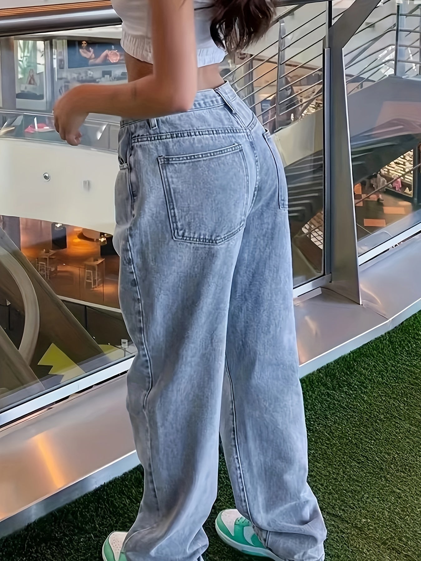 Women's Casual Wide Leg Jeans with Slant Pockets Non-Stretch Denim Long Length