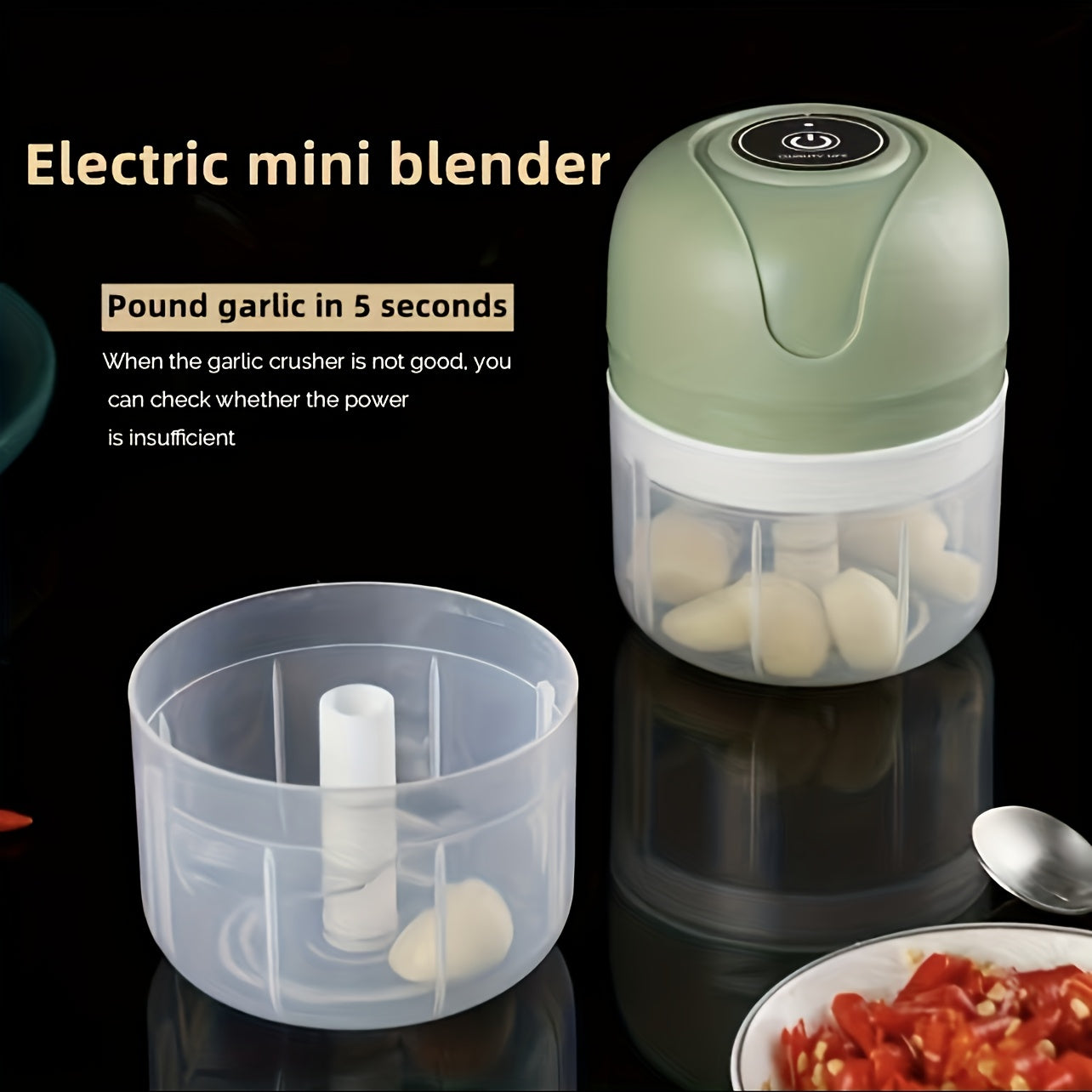 SENBOWE USB Elektr garlic press va oziq-ovqat protsessori - zanglamaydigan po'lat pichoq bilan kompakt dizayn, 5 soniya ichida maydalash, tez oshxona tayyorlash uchun USB orqali quvvatlanadigan.