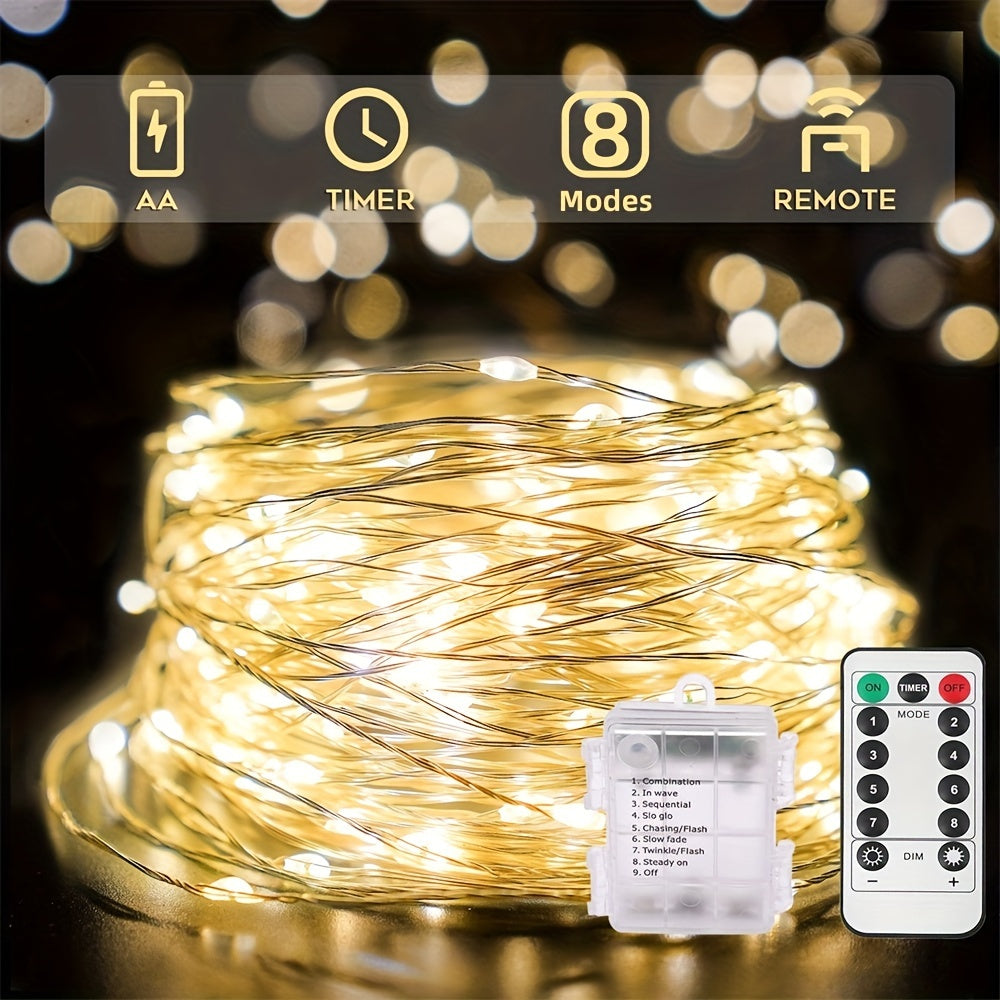 1 dona YEYAYU Fairy String Lights 50/100/200 LED bilan, masofadan boshqarish bilan batareya bilan ishlaydi. Ko'p rangli va issiq oq chiroqlar bilan jihozlangan, Rojdestvo, Yangi yil, Sevgi kuni, To'y va Ramazon bezaklari uchun mos. Metal va