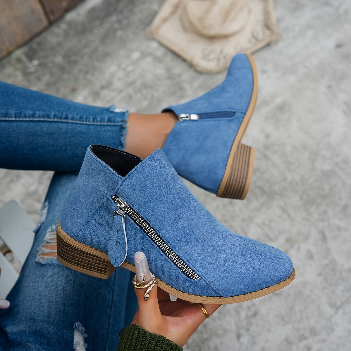 Women's Faux Leather Chelsea Ankle Boots with Chunky Heel and Side Zipper