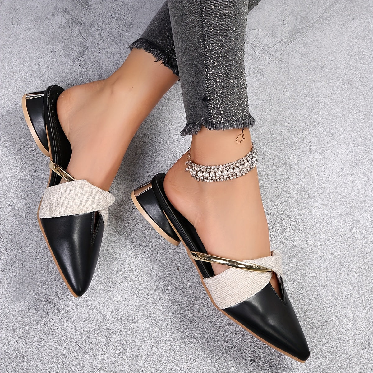 Women's V Cut Out Slip-On Block Heel Sandals with Pointed Toe