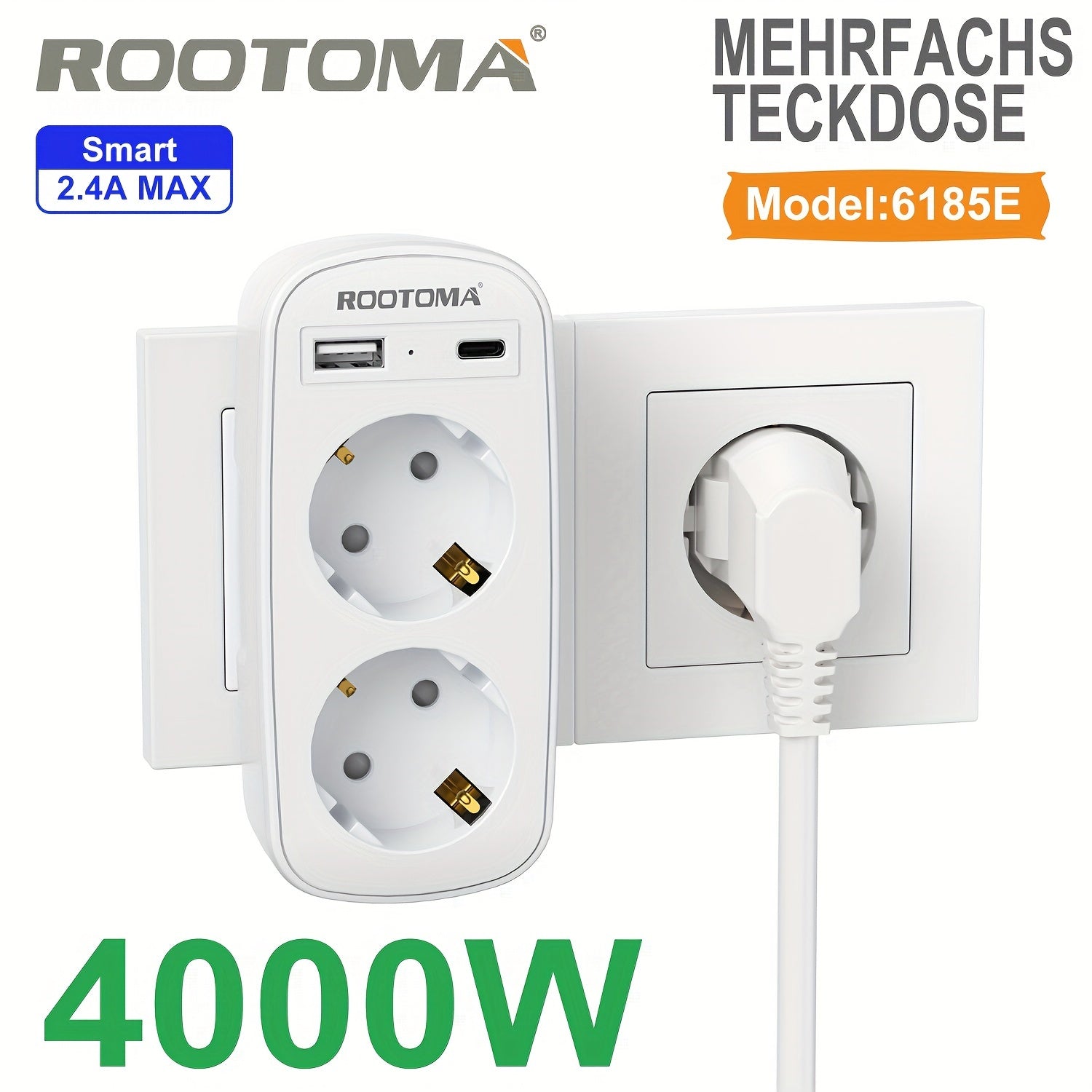 ROOTOMA USB bilan ikki rozetka uchun, uy ofisi uchun 4-in-1 kulrang adapter.