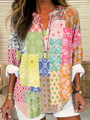 Women's V-Neck Long Sleeve T-Shirt Color Block Plus Size Casual Top