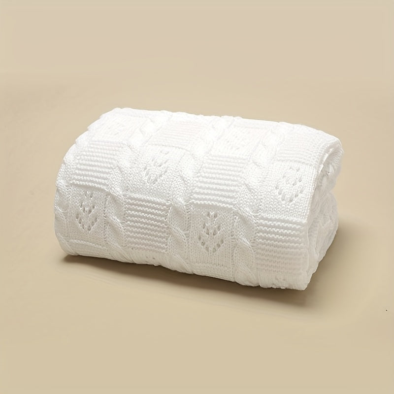 Solid Color Throw Blanket for Spring and Summer Knit Cable Hollow-Out Design Light Green Khaki White