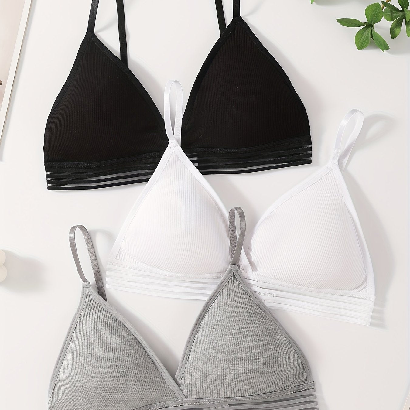 Women's Ribbed Wireless Bras with Removable Pads and Stripes in Black White Gray