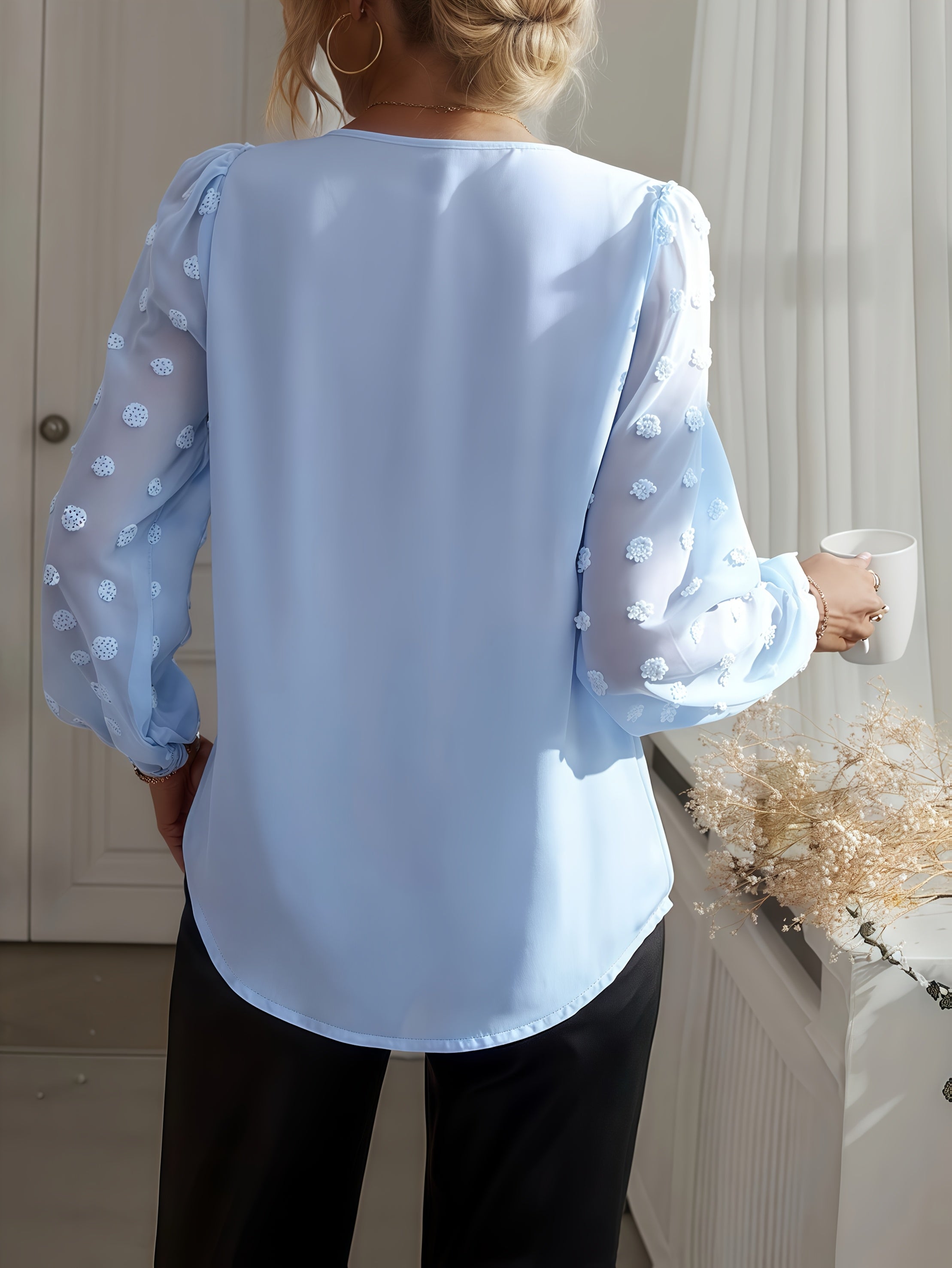 Plus Size Women's V-Neck Blouse Long Sleeve Yellow Casual Top