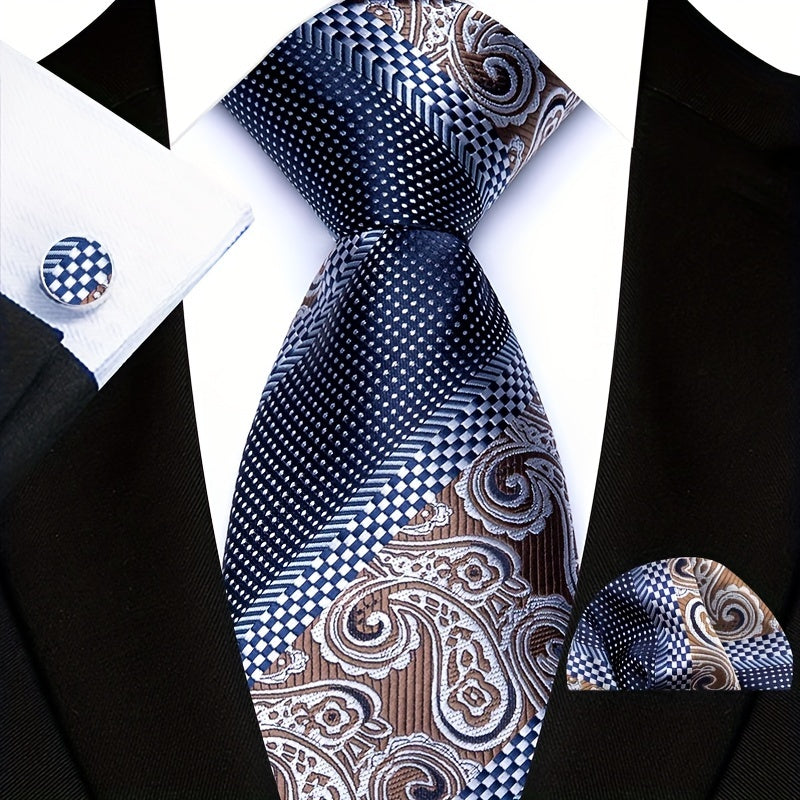 Men's Paisley Pattern Tie Set with Pocket Square and Cuffs for Business Formal