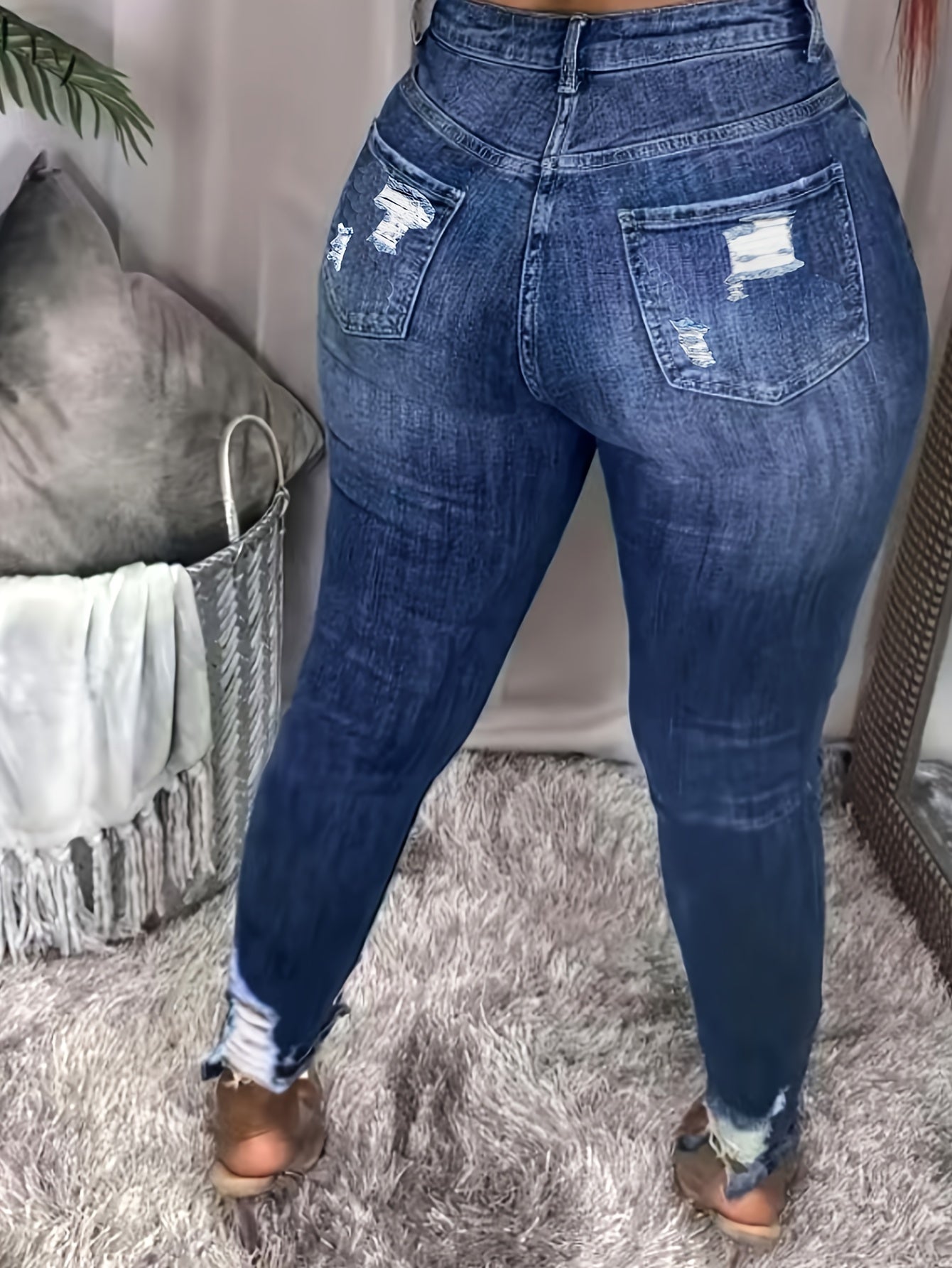 Women's Plus Size High-Waisted Skinny Jeans Ripped Tummy Control All-Season