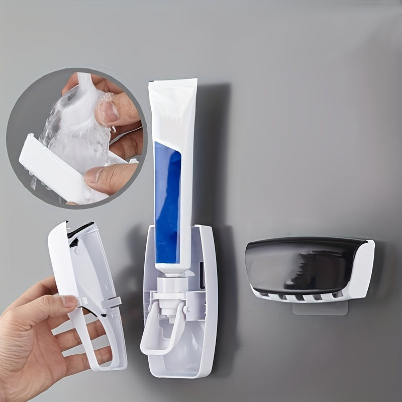Wall-Mounted Toothbrush Holder with Automatic Toothpaste Dispenser Holds 5 Brushes No Power Needed Plastic Bathroom Organizer