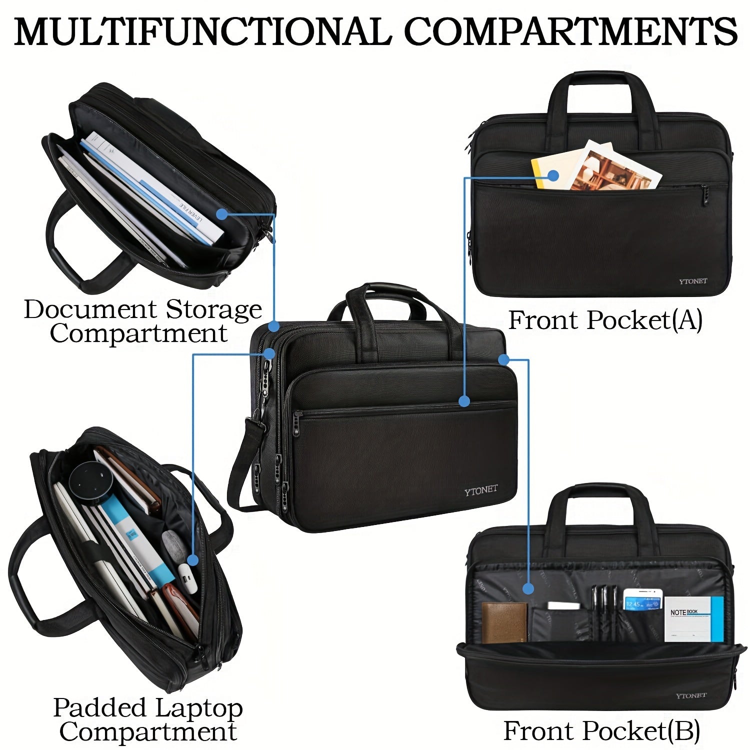 Men's Expandable Laptop Briefcase 43.94cm Water-Resistant Polyester with Organizer and Luggage Strap