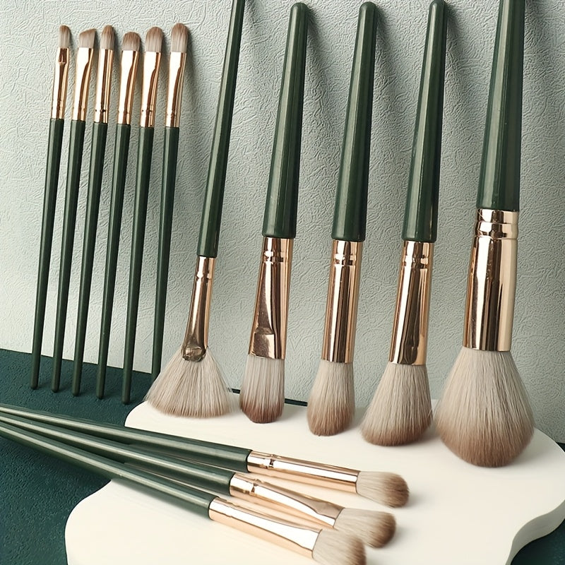 14-Piece Green Makeup Brush Set for Face and Eye Contouring Blending