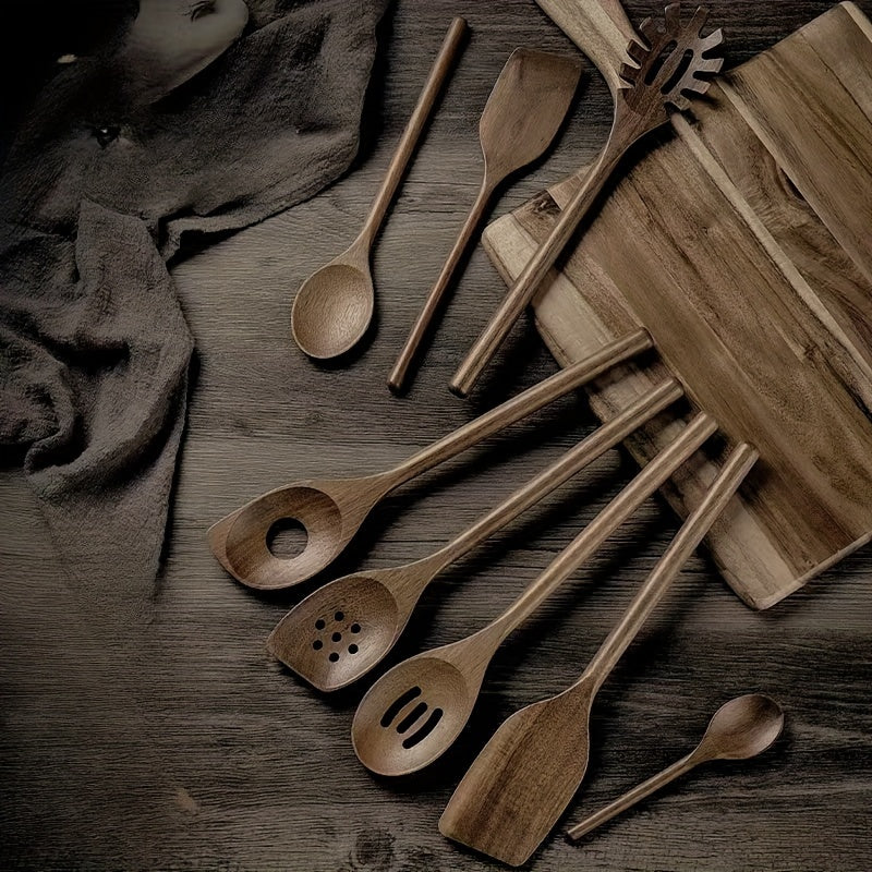Set of 8 Acacia Wood Kitchen Utensils Non-Stick Heat-Resistant Cooking Tools