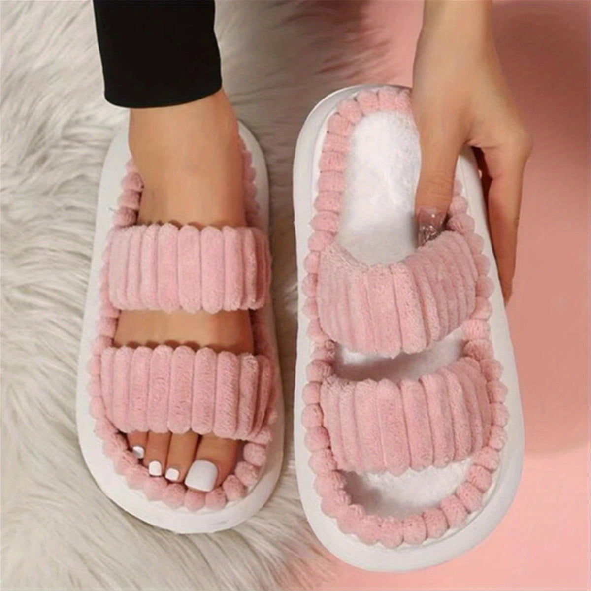 Women's Plush Slippers Open Toe Non Slip Indoor Platform Slides
