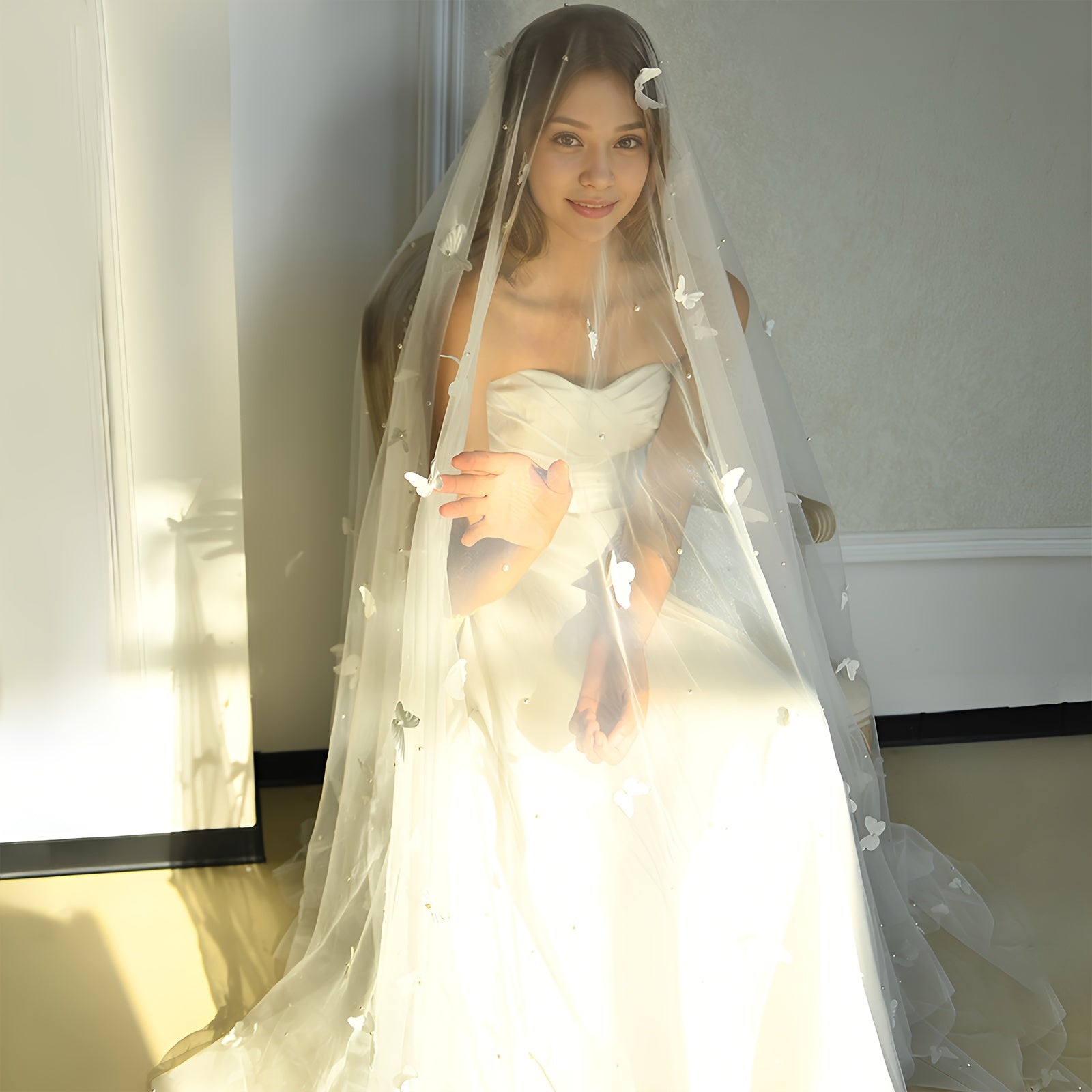 White Butterfly and Pearl Embellished Bridal Veil 3 Meters Nylon Wedding Accessory