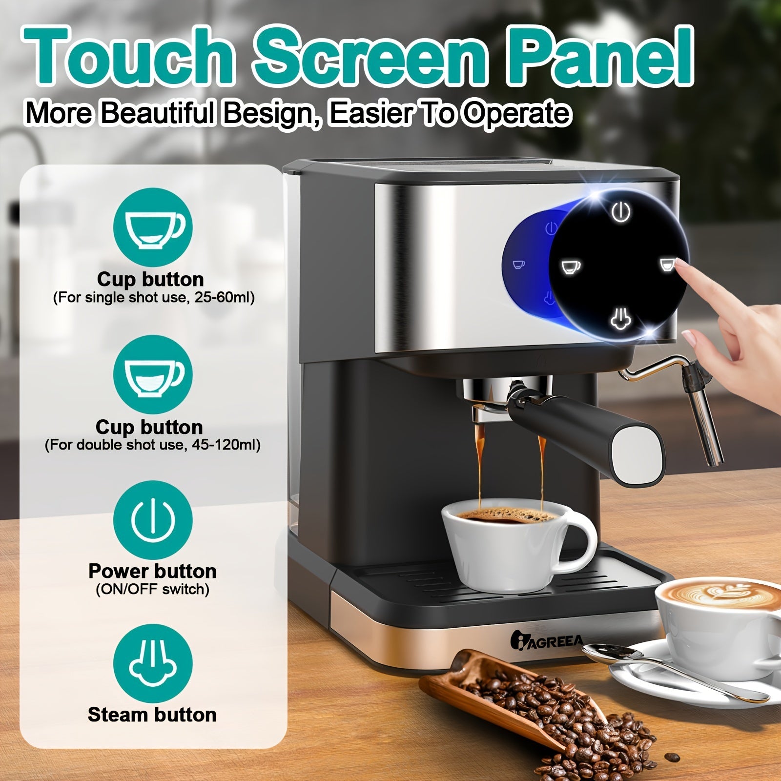 Italian Espresso Machine 20Bar 1.5L Digital Touch Screen Stainless Steel Home Office