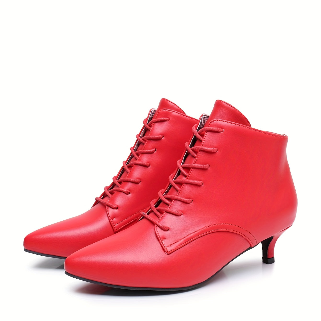 Women's White Pointed Toe Mid-Heel Ankle Boots Lace-Up Faux Cover Rubber Sole