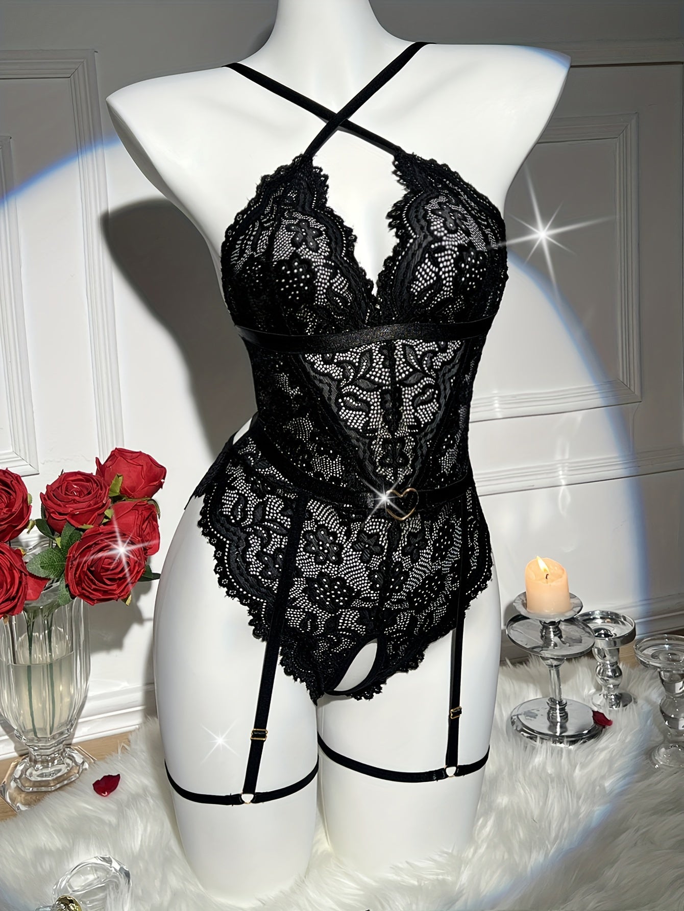 Women's Floral Lace Lingerie Set with Open Crotch Garter Belt and Heart Back Teddy