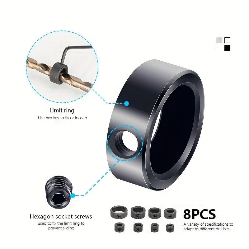 7pcs Drill Stop Ring Set Carbon Steel Locking Rings for Woodworking