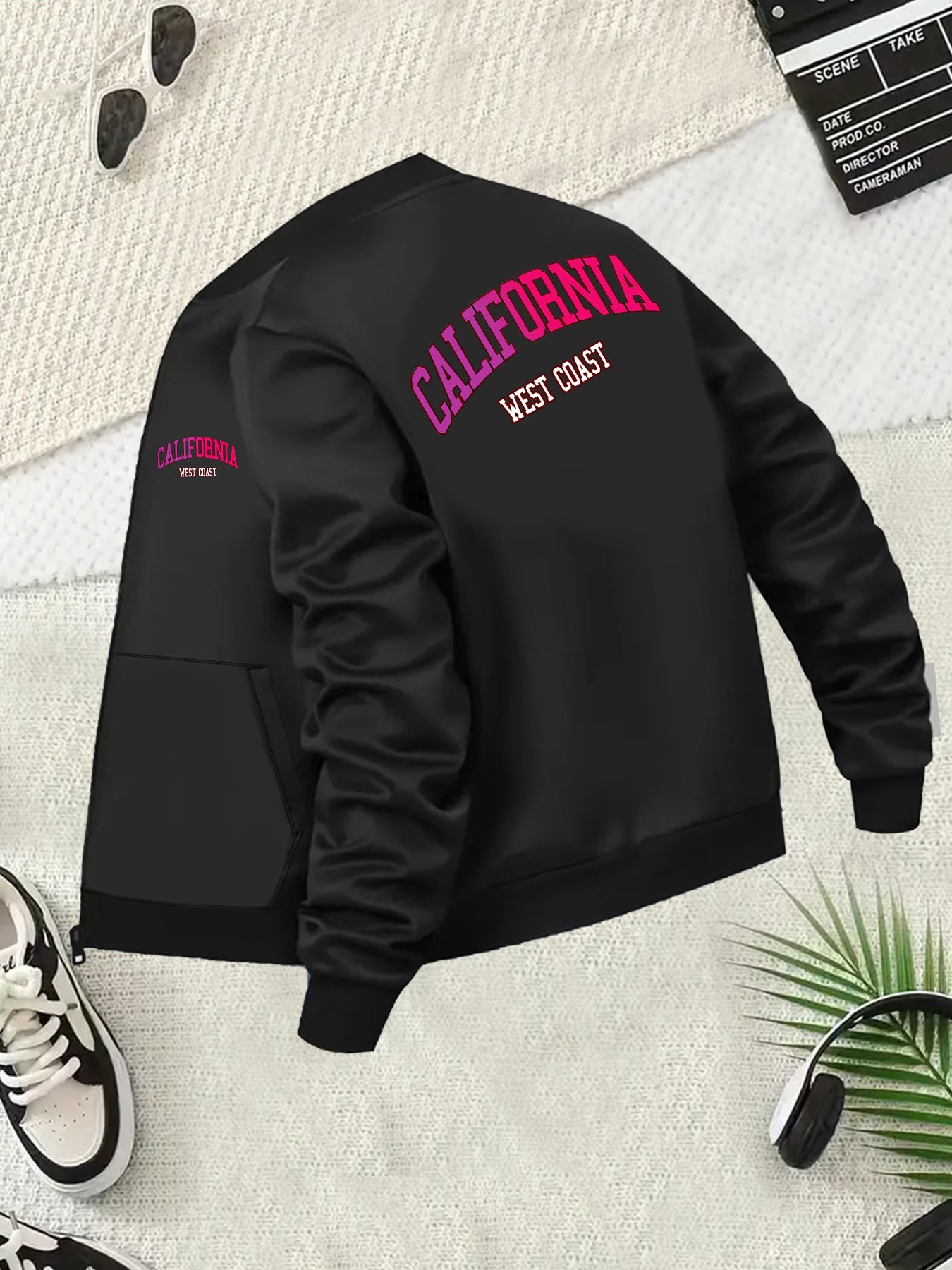 Women's Plus Size Black Pieced Bomber Jacket with Pink Lettering
