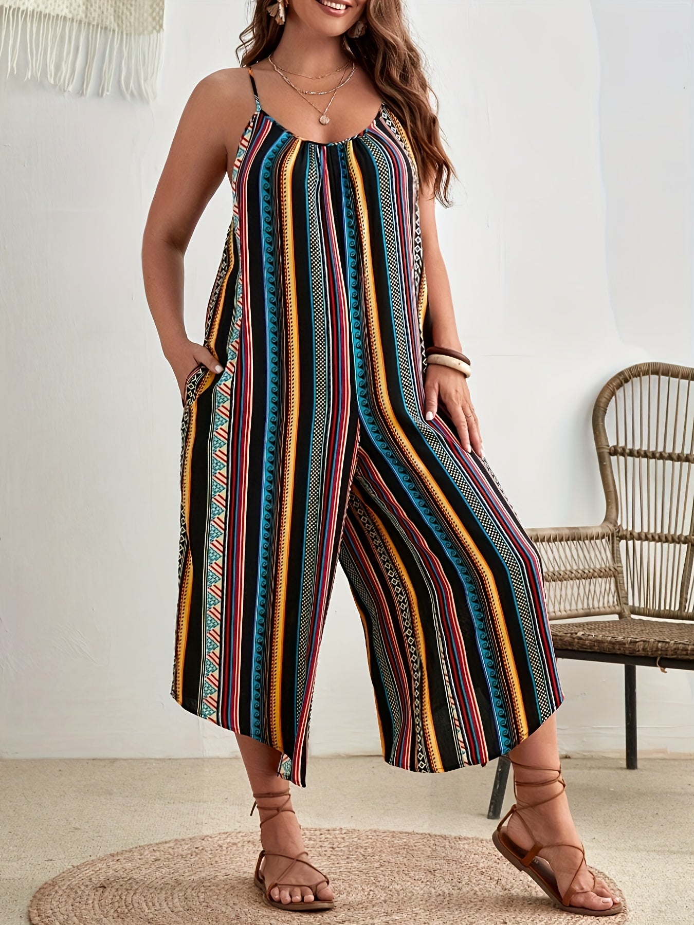 Women's Plus Size Vacation Jumpsuit Lightweight Vivid Print Sleeveless Summer